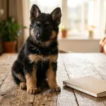 A purebred black and tan German Shepherd puppy sitting next to a health clearance document.