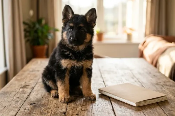 A purebred black and tan German Shepherd puppy sitting next to a health clearance document.