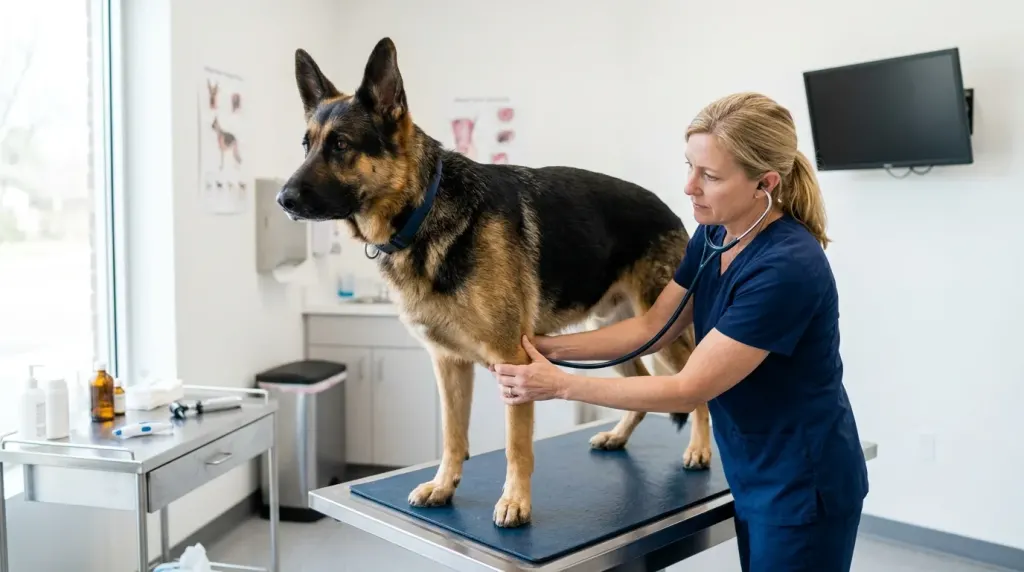 A purebred German Shepherd receiving a routine wellness exam from a veterinarian.