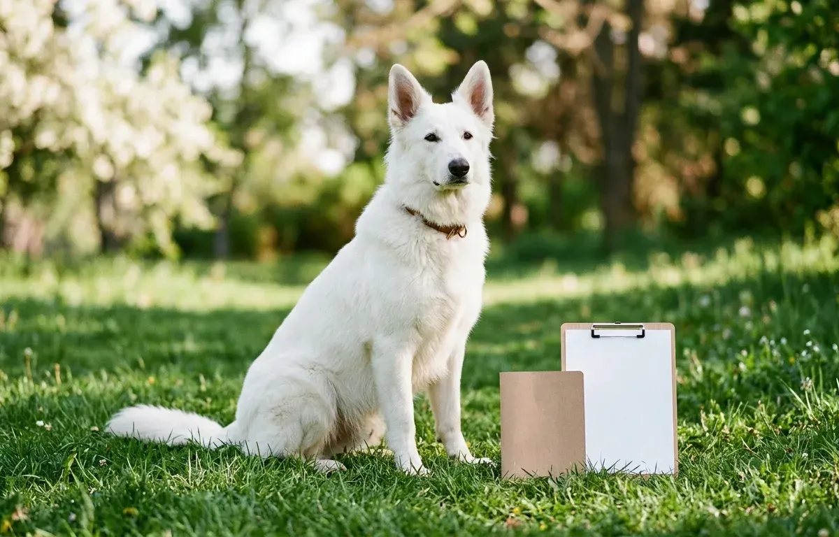 A purebred White German Shepherd sitting next to canine health records and vaccination documents on a lawn.