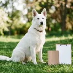 A purebred White German Shepherd sitting next to canine health records and vaccination documents on a lawn.