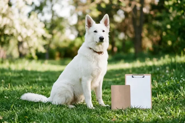 A purebred White German Shepherd sitting next to canine health records and vaccination documents on a lawn.