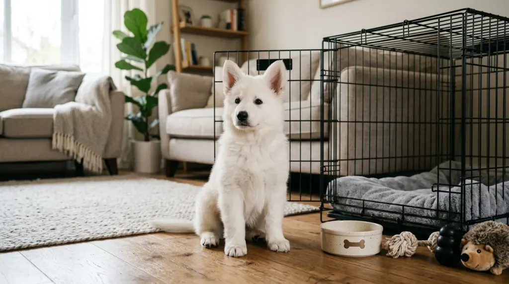 An eight-week-old White German Shepherd puppy resting next to puppy supplies and a crate in a living room.