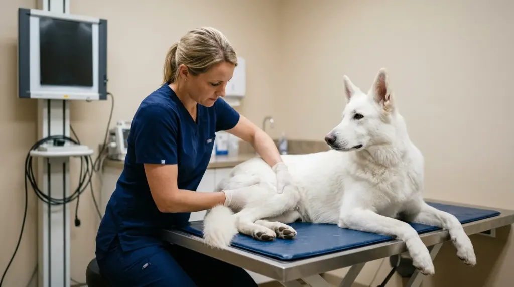 A veterinarian conducting a joint and health screening on an adult White German Shepherd dog.