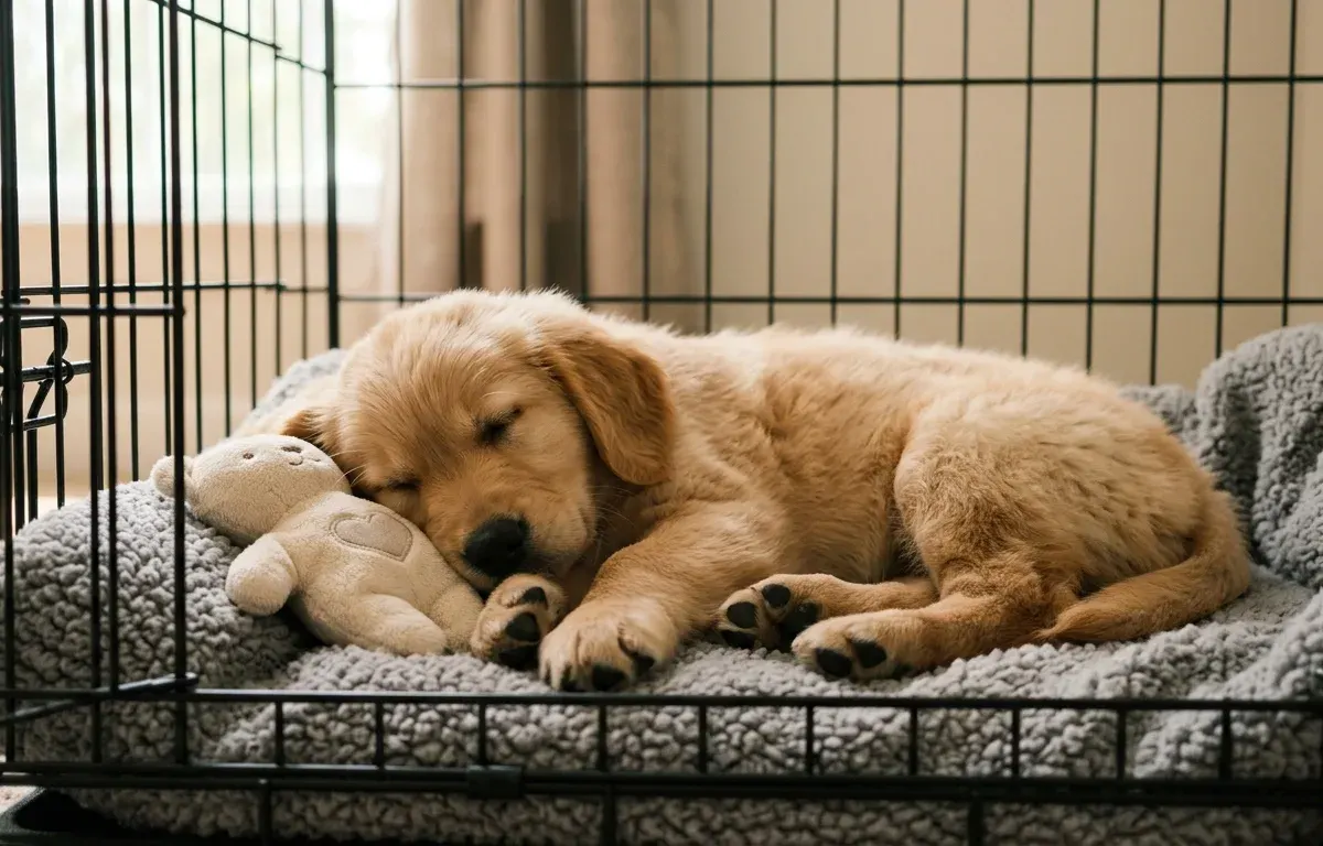 Golden Retriever puppy sleeping peacefully inside a cozy crate lined with a soft blanket