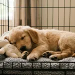 Golden Retriever puppy sleeping peacefully inside a cozy crate lined with a soft blanket
