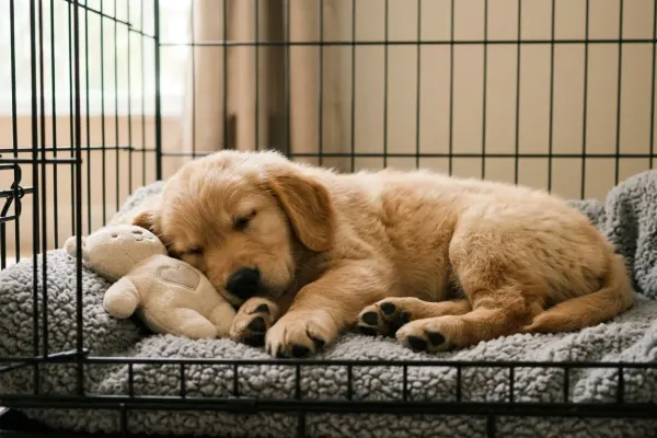 Golden Retriever puppy sleeping peacefully inside a cozy crate lined with a soft blanket