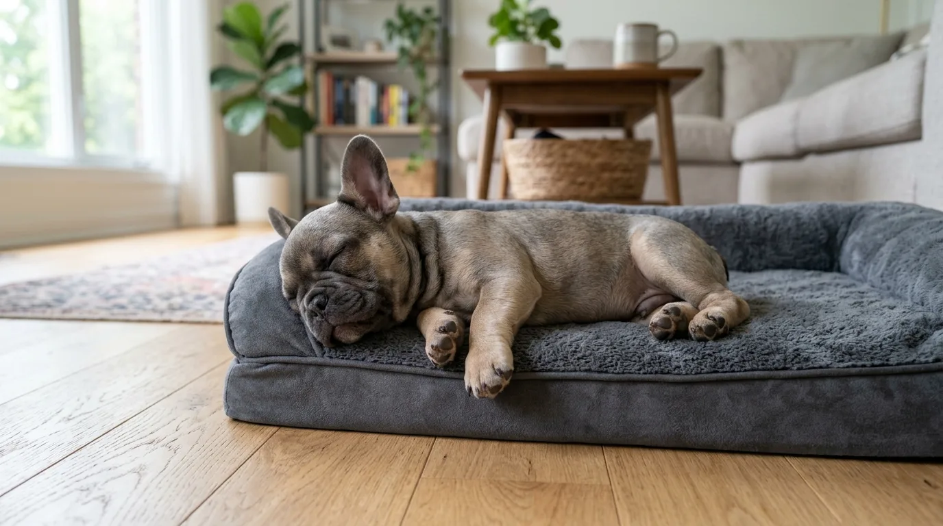 French Bulldog puppy napping soundly on an orthopedic cushion during the afternoon