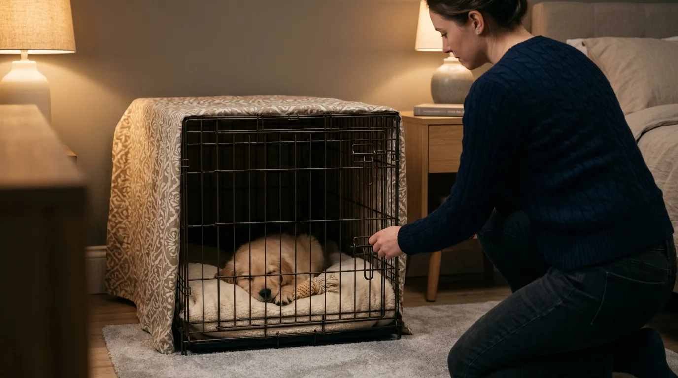 Dog owner settling a young puppy into a quiet crate for nighttime sleep