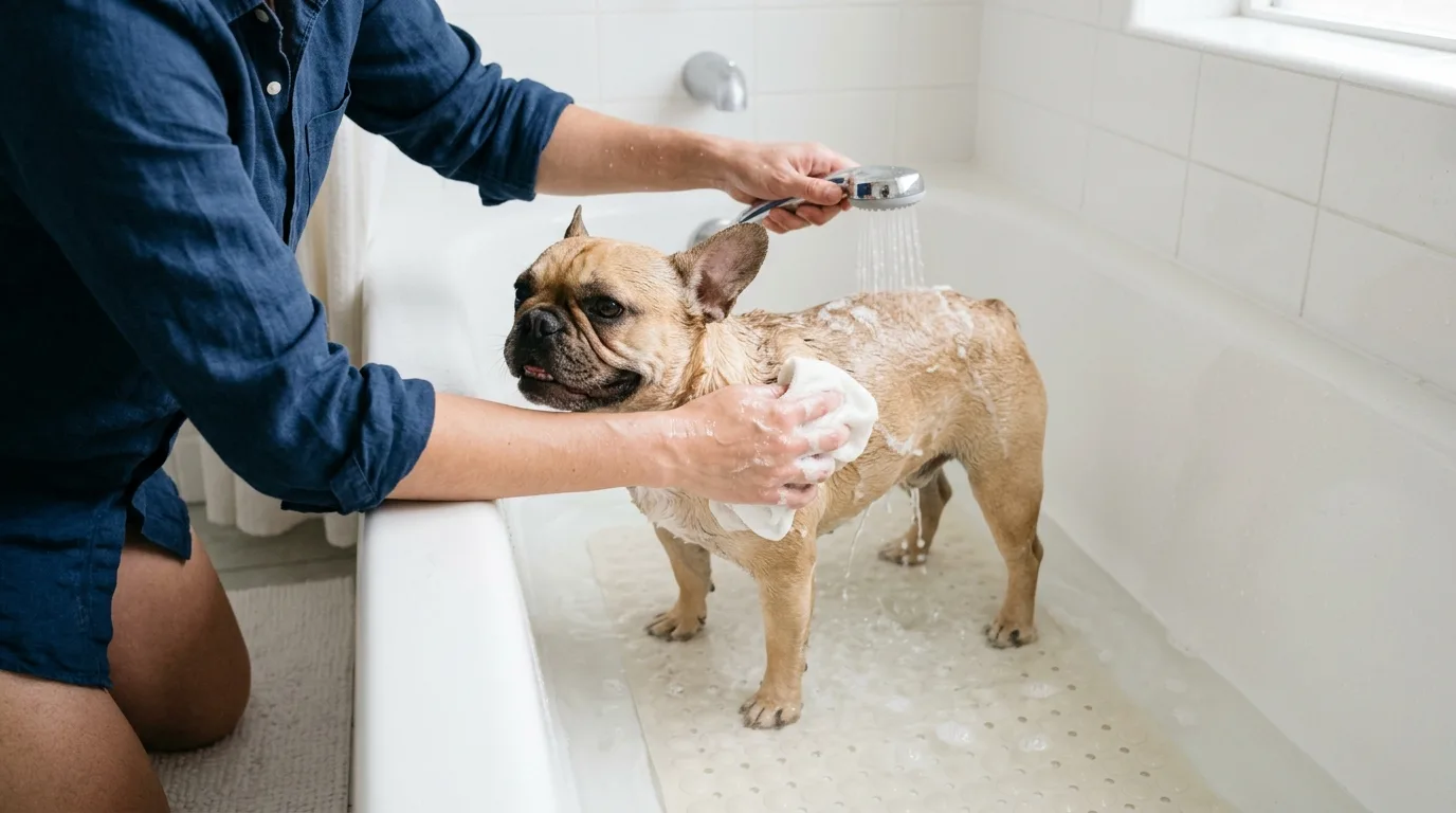 A person gently washing a French Bulldog with warm water in a bathtub