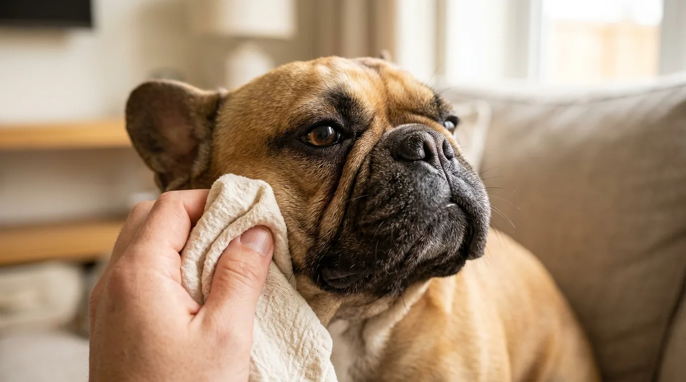 Dabbing dry the facial wrinkles of a French Bulldog with a soft cloth after bathing