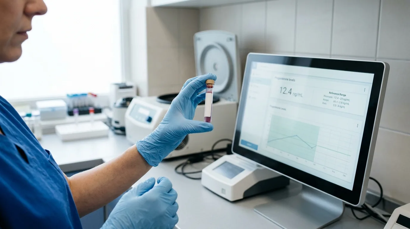 A reproductive veterinarian holding a progesterone test sample used to determine optimal breeding timing for French Bulldogs.