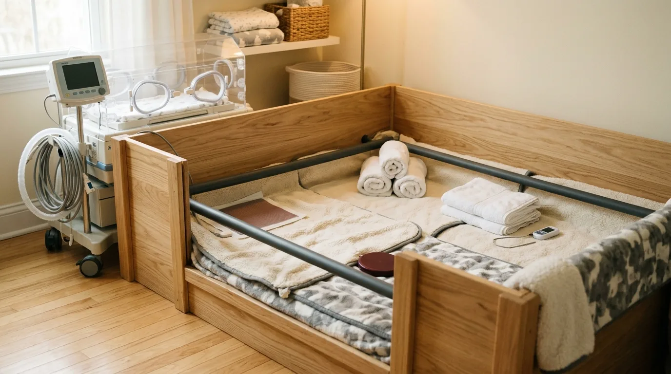 A warm, sanitary whelping box and incubator setup prepared for newborn French Bulldog puppy care.