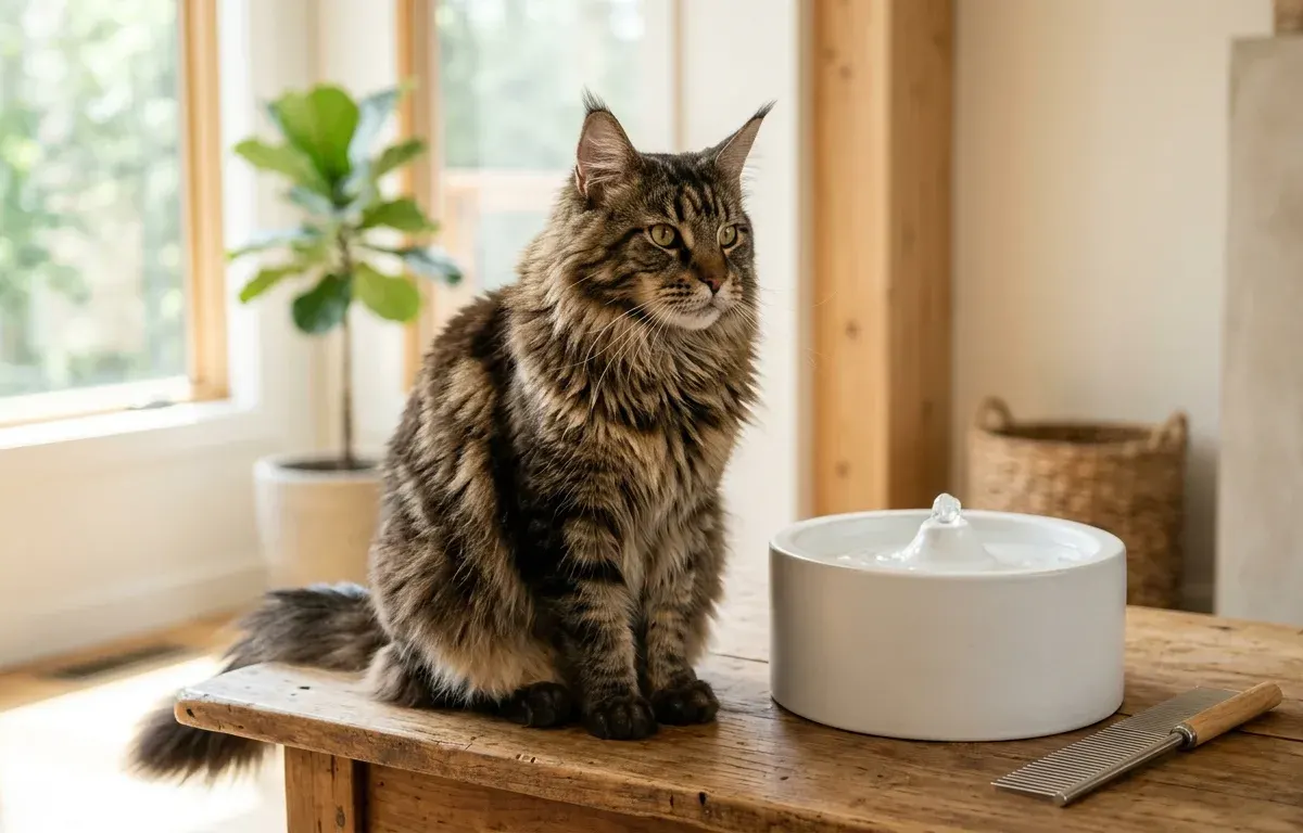 Longhaired brown tabby Maine Coon cat sitting on a wooden grooming table with coat care tools in a bright living room.