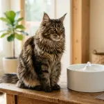 Longhaired brown tabby Maine Coon cat sitting on a wooden grooming table with coat care tools in a bright living room.