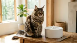 Longhaired brown tabby Maine Coon cat sitting on a wooden grooming table with coat care tools in a bright living room.