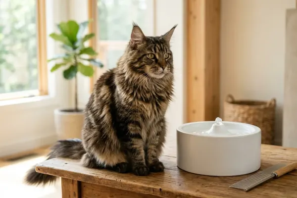 Longhaired brown tabby Maine Coon cat sitting on a wooden grooming table with coat care tools in a bright living room.