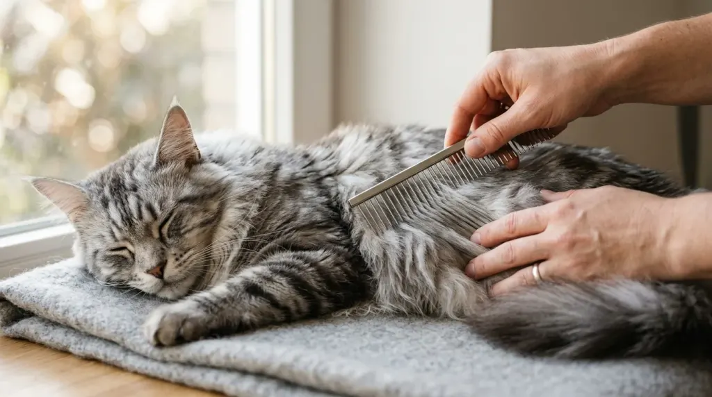 Close-up of grooming a silver tabby Maine Coon cat with a wide-toothed metal comb to prevent undercoat mats.