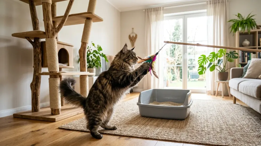 Playful Maine Coon cat engaging with an interactive feather toy next to a sturdy wooden cat tree in an indoor home.