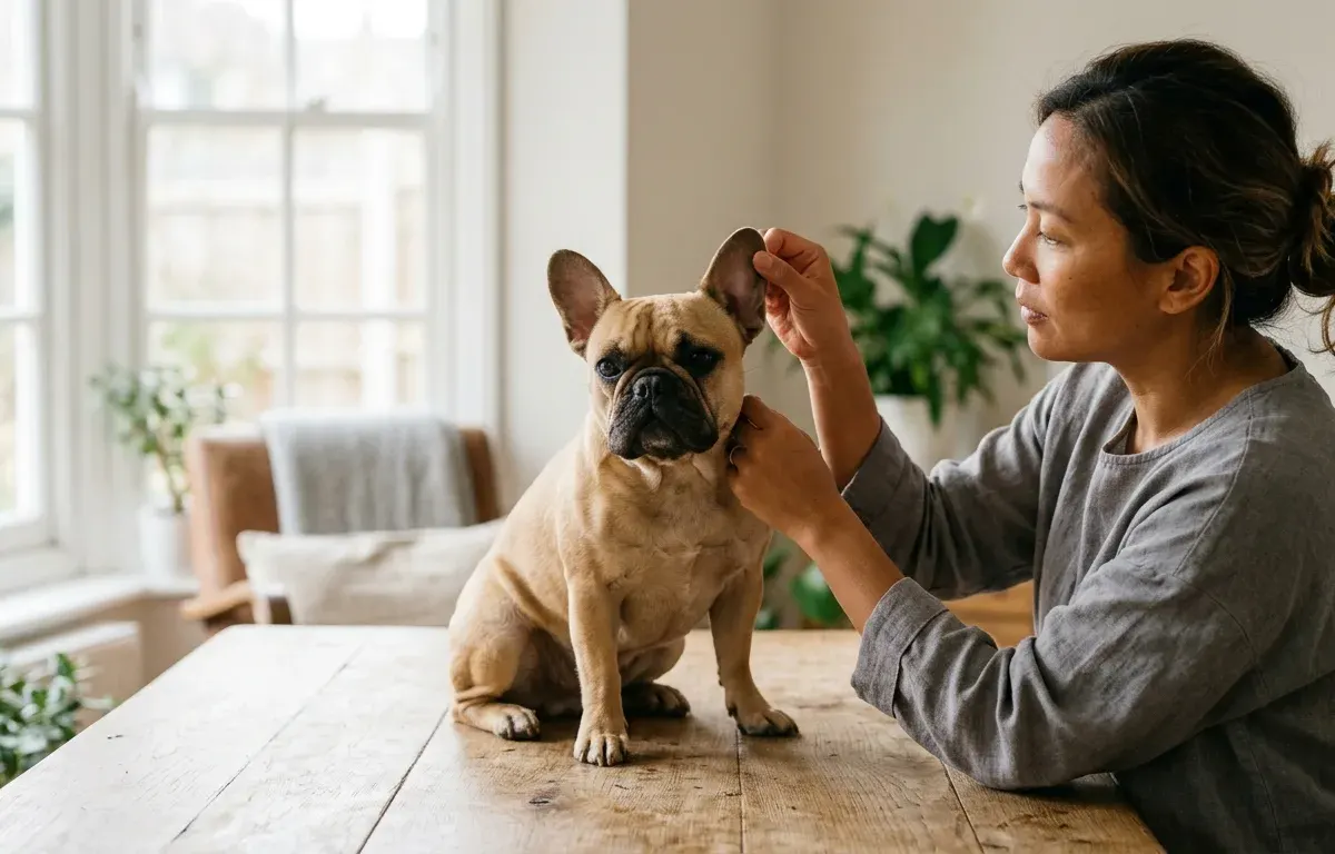 Owner gently inspecting a French Bulldog's upright bat ear before cleaning.