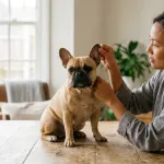 Owner gently inspecting a French Bulldog's upright bat ear before cleaning.