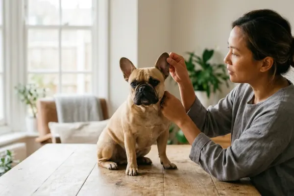 Owner gently inspecting a French Bulldog's upright bat ear before cleaning.