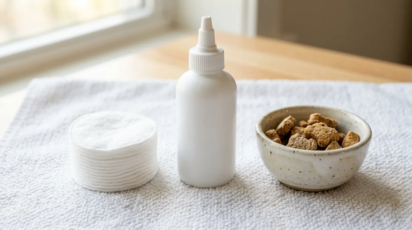 Veterinary dog ear cleaning solution, soft cotton pads, and treats on a towel.