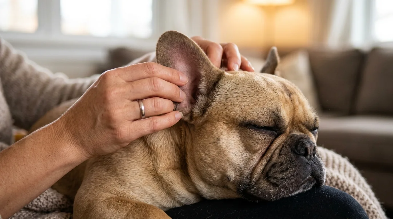 Hands gently massaging the base of a French Bulldog's ear during cleaning.