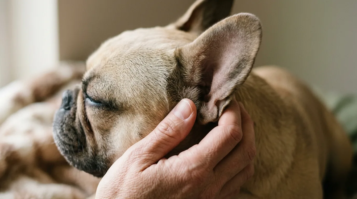 Demonstrating the proper technique for massaging the base of a French Bulldog's ear to dislodge wax.