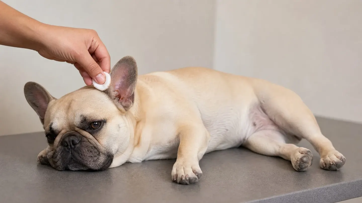 Wiping visible ear wax from a French Bulldog's ear flap using a clean cotton ball.