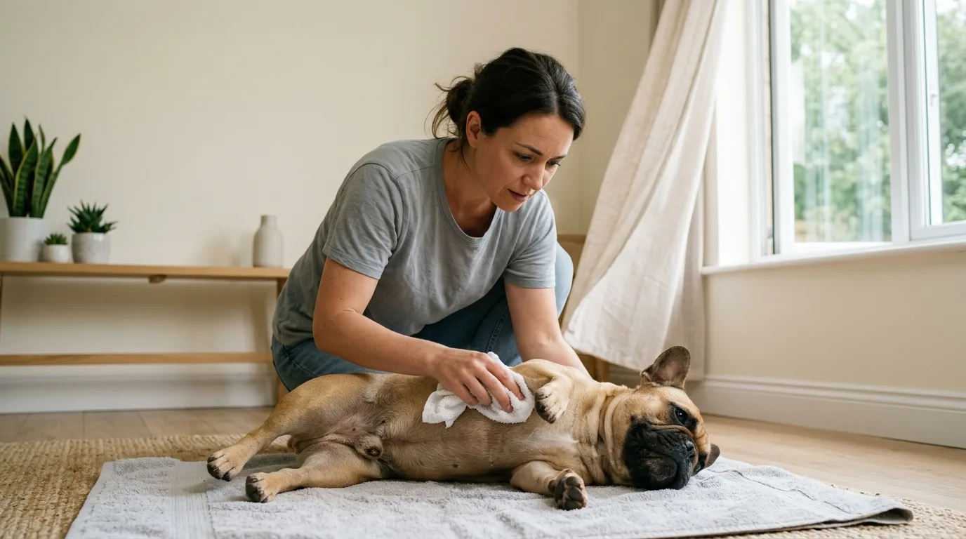 Dabbing cool tap water onto an overheating French Bulldog's belly to safely lower body temperature