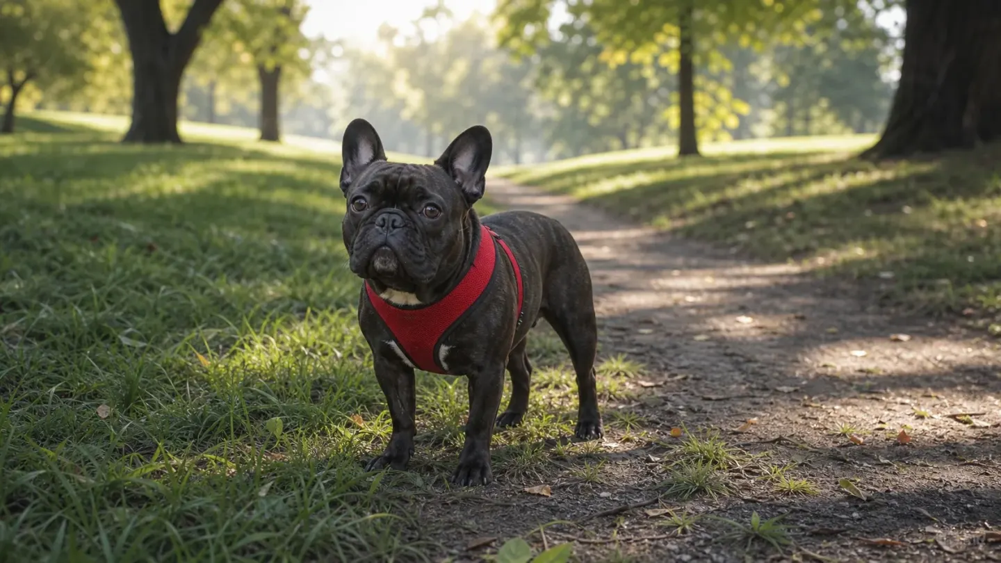 Walking a French Bulldog in a chest harness along a shaded grass path to prevent overheating during cool early morning hours