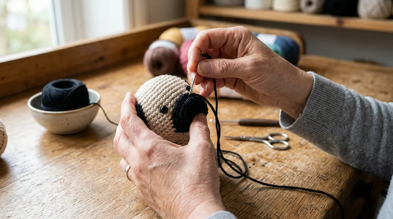 Close-up of stitching a black crochet muzzle onto an amigurumi pug head using a yarn needle