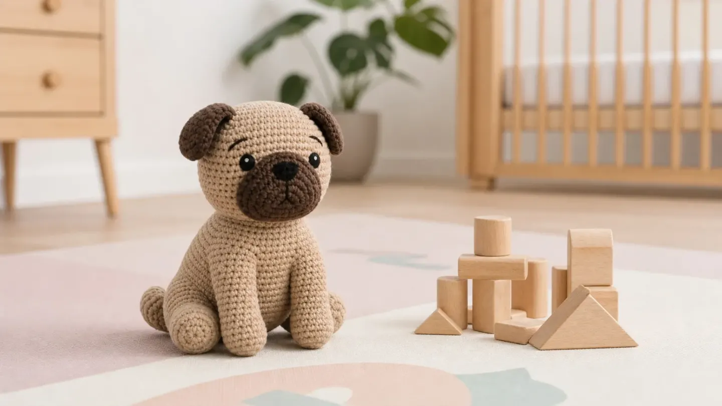 Child-safe amigurumi crochet pug plush toy with embroidered eyes sitting on a play mat next to wooden blocks