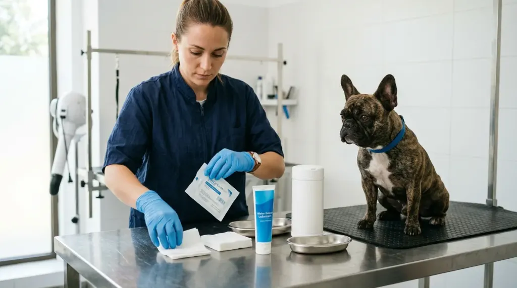 Sanitary supplies including nitrile gloves, gauze pads, and wipes for expressing dog anal glands