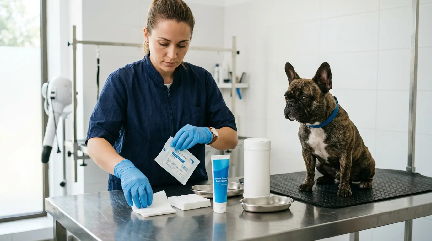 A groomer wearing gloves preparing supplies to express French Bulldog anal glands safely