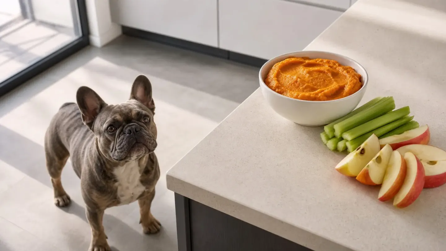 High-fiber dietary supplements including pumpkin and celery to prevent French Bulldog anal gland impaction