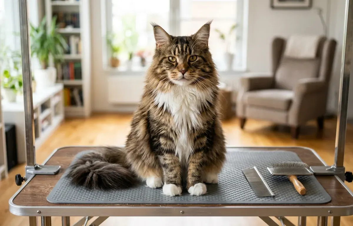 Grooming a Maine Coon cat with a metal comb and slicker brush on a table