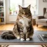 Grooming a Maine Coon cat with a metal comb and slicker brush on a table