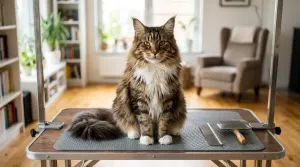 Grooming a Maine Coon cat with a metal comb and slicker brush on a table