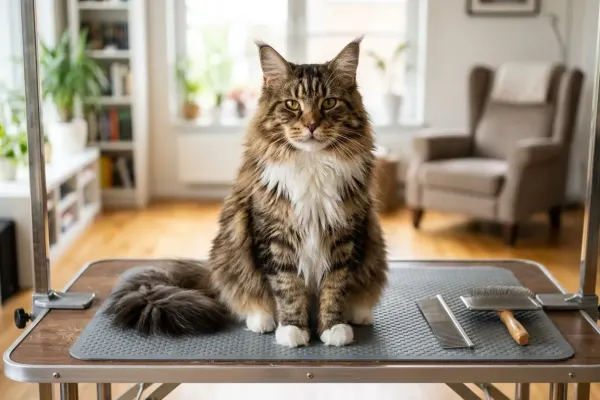 Grooming a Maine Coon cat with a metal comb and slicker brush on a table