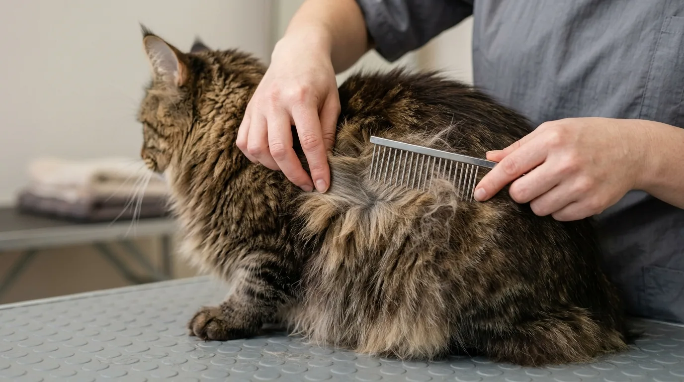 Line-combing technique on the dense undercoat of a Maine Coon cat