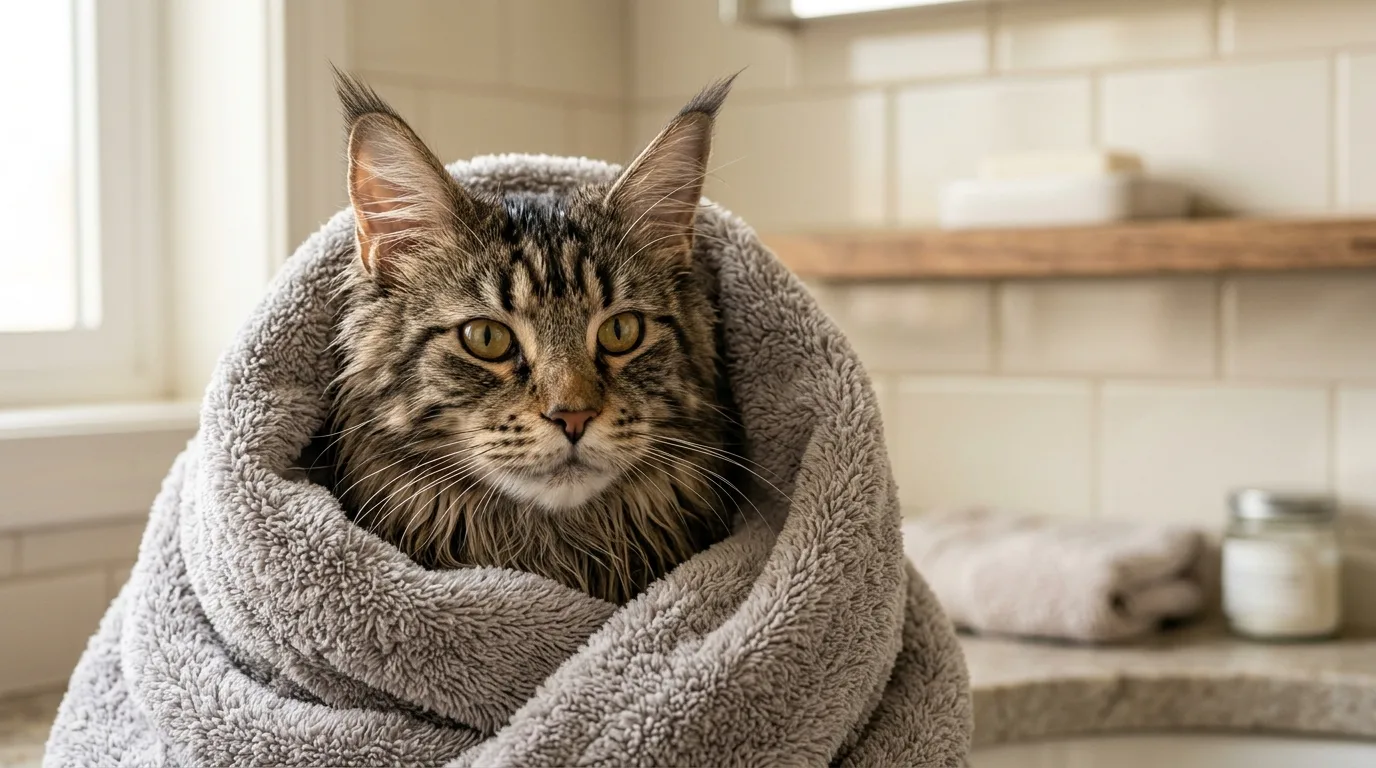 Drying a Maine Coon cat with a microfiber towel after bathing