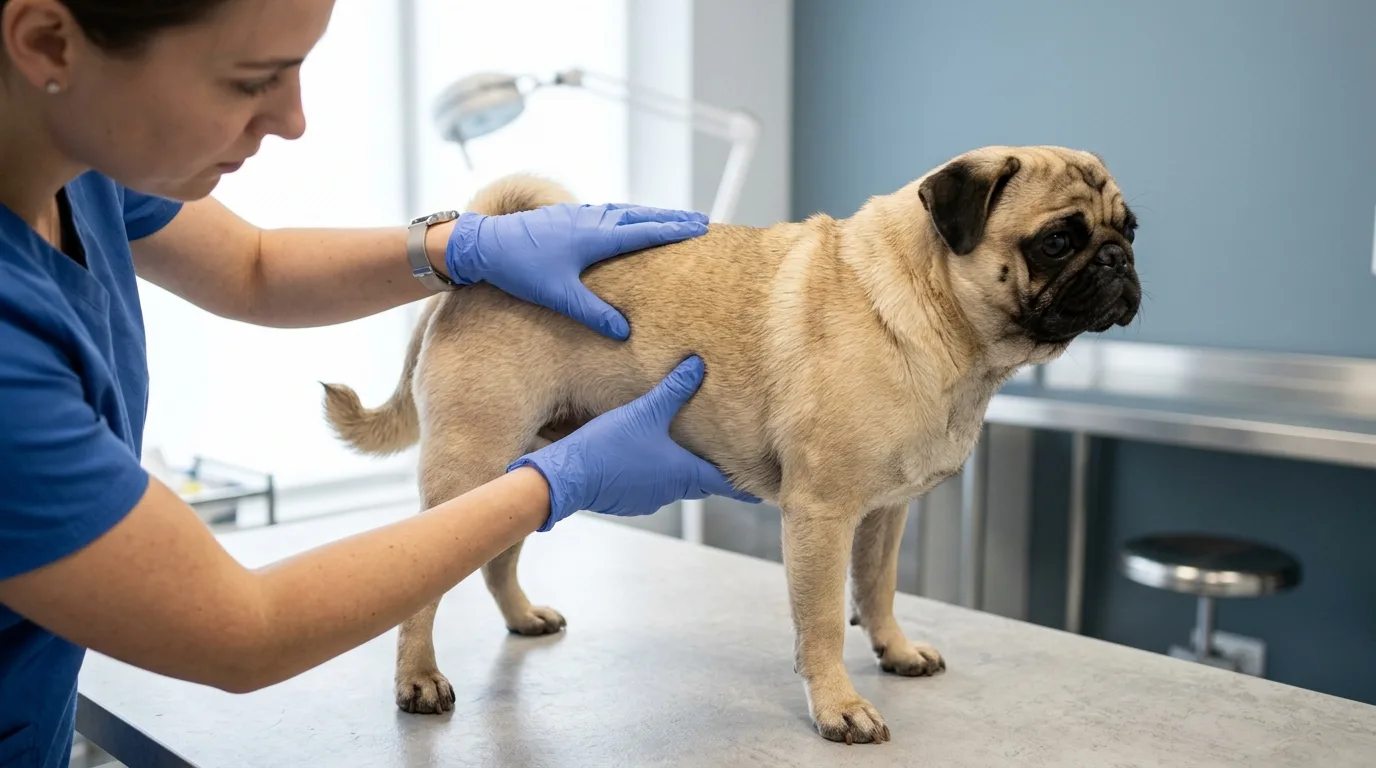 Veterinarian performing a Body Condition Score palpation check on an adult Pug