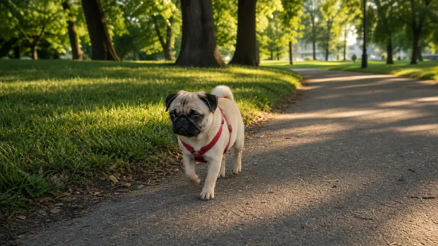 Fawn Pug wearing a supportive chest harness walking on a shaded park trail during cool morning exercise