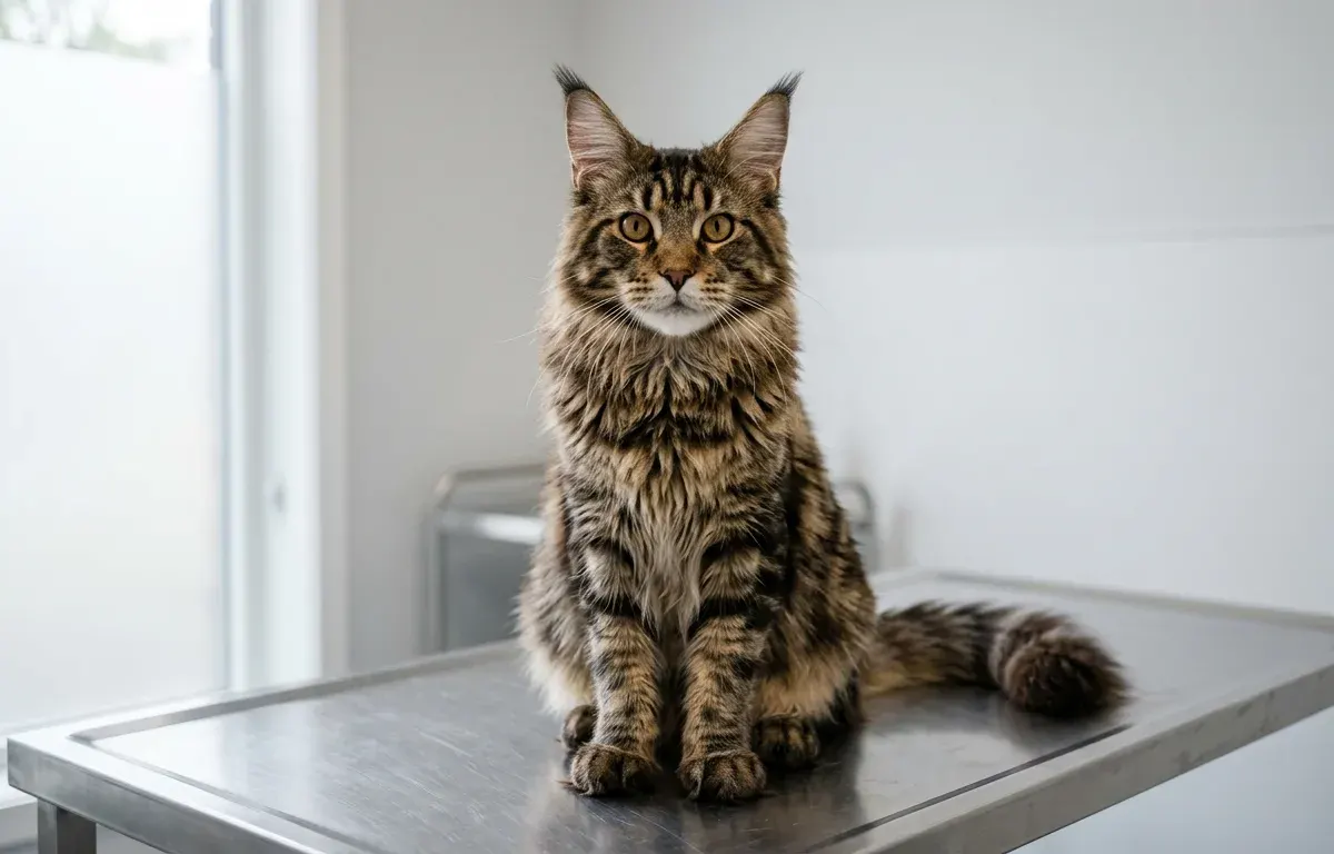 A brown classic tabby Maine Coon cat on an examination table displaying identifying physical traits including lynx ear tips and a square muzzle.