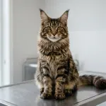 A brown classic tabby Maine Coon cat on an examination table displaying identifying physical traits including lynx ear tips and a square muzzle.