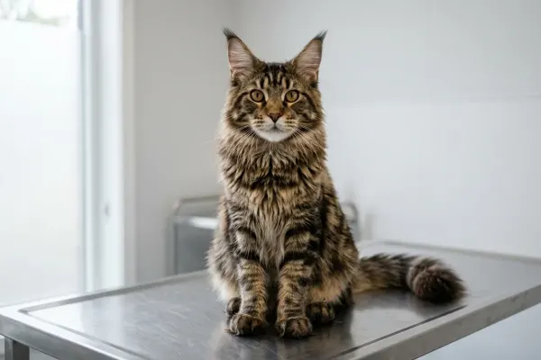 A brown classic tabby Maine Coon cat on an examination table displaying identifying physical traits including lynx ear tips and a square muzzle.