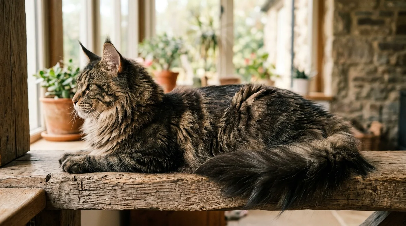 Side profile view of a Maine Coon cat showing the square muzzle, concave nasal dip, and long plumed tail.