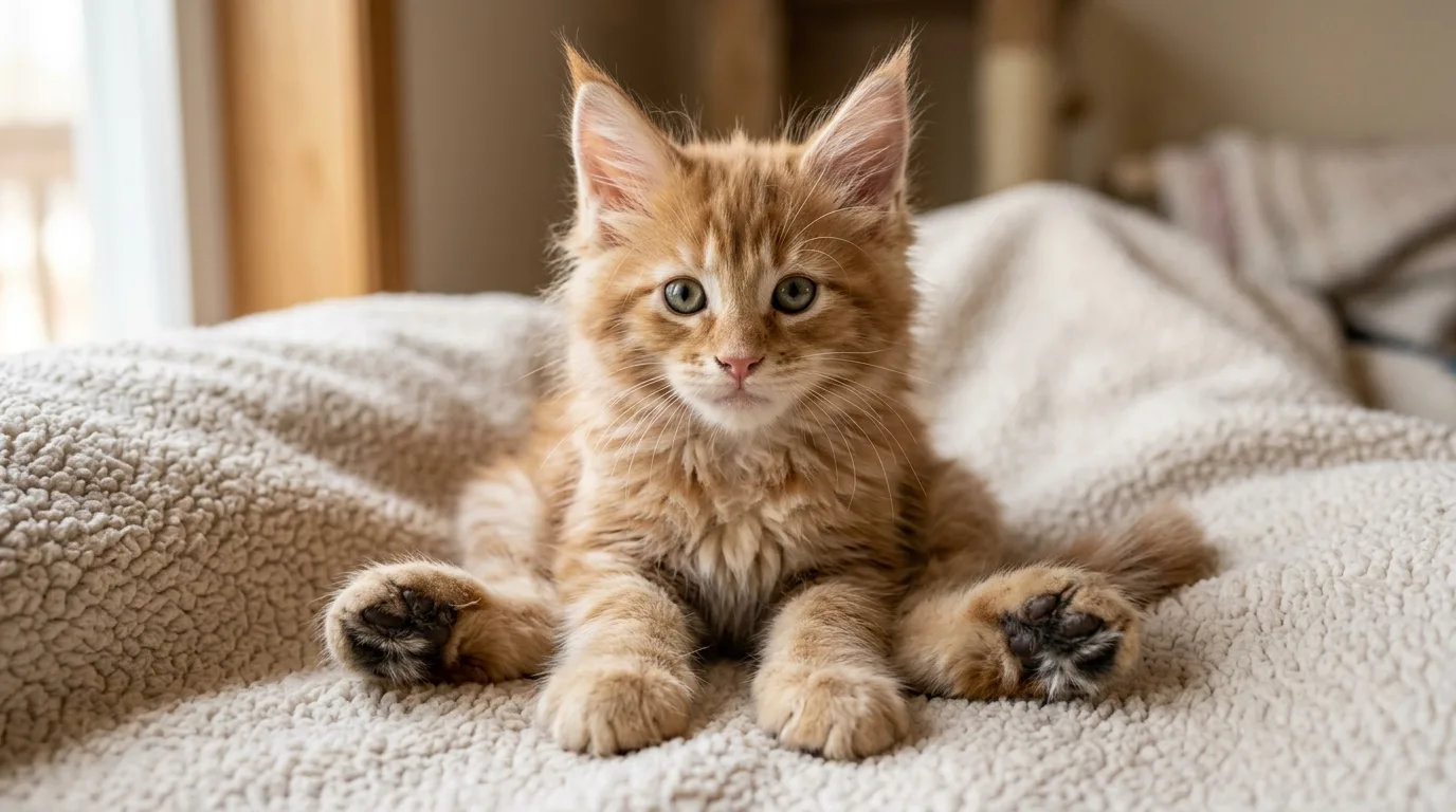 A ten-week-old Maine Coon kitten on a fleece blanket showing oversized tufted paws and early lynx-tipped ears.